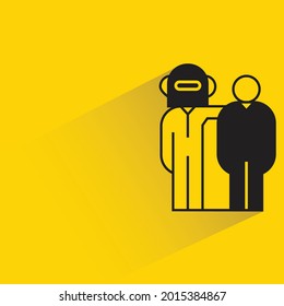 robot worker and peple colleague on yellow background