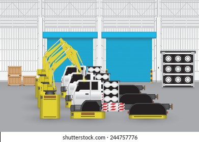 Robot working with auto part on production zone inside factory building, Automotive industry to manufacturing motor vehicle. Industrial robot or robot system used for manufacturing. Vector design.