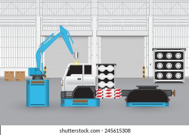 Robot working with auto part on production zone inside factory building, Automotive industry to manufacturing motor vehicle. Industrial robot or robot system used for manufacturing. Vector design.