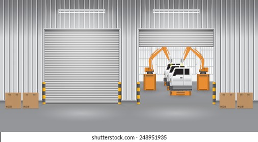 Robot working with auto part on production zone inside factory building, Automotive industry to manufacturing motor vehicle. Industrial robot or robot system used for manufacturing. Vector design.