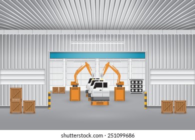 Robot working with auto part on production zone inside factory building, Automotive industry to manufacturing motor vehicle. Industrial robot or robot system used for manufacturing. Vector design.