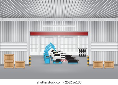Robot working with auto part on production zone inside factory building, Automotive industry to manufacturing motor vehicle. Industrial robot or robot system used for manufacturing. Vector design.