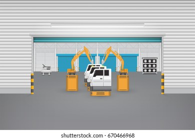 Robot working with auto part on production zone inside factory building, Automotive industry to manufacturing motor vehicle. Industrial robot or robot system used for manufacturing. Vector design.
