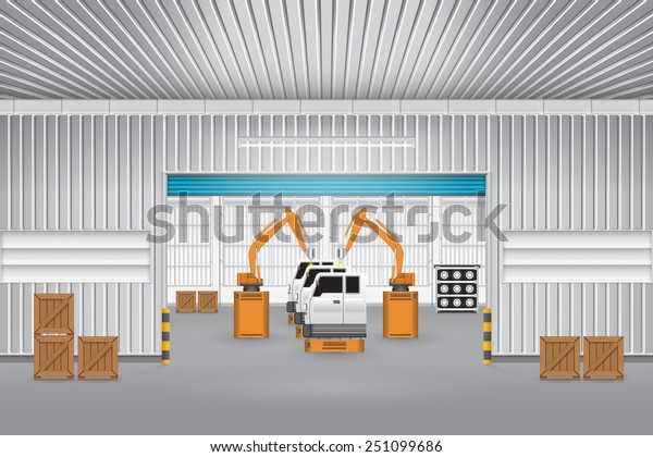 Robot working with auto part on production zone
inside factory building, Automotive industry to manufacturing motor
vehicle. Industrial robot or robot system used for manufacturing.
Vector design.