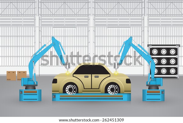 Robot working with auto part on production zone\
inside factory building, Automotive industry to manufacturing motor\
vehicle. Industrial robot or robot system used for manufacturing.\
Vector design.