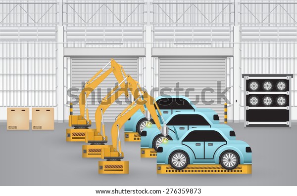 Robot working with auto part on production zone\
inside factory building, Automotive industry to manufacturing motor\
vehicle. Industrial robot or robot system used for manufacturing.\
Vector design.