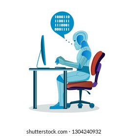 Robot Working With Computer Fixing Errors Futuristic Artificial Intelligence Technology Concept