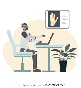 Robot que trabaja en el escritorio con el ordenador portátil, apuntando a la pantalla que muestra el concepto humano de la radiografía de la mano