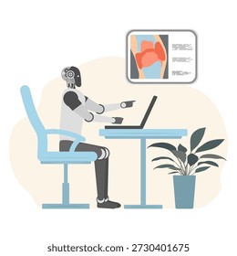 Robô trabalhando na mesa apontando para a tela em ambiente de escritório moderno, com uma planta em segundo plano