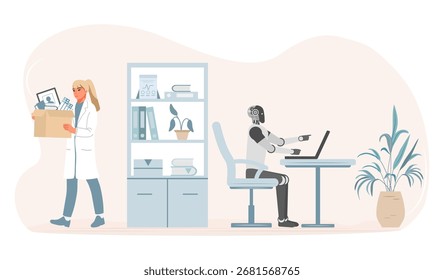 Robô trabalhando na mesa enquanto cientista mulher deixa o laboratório carregando itens pessoais. 