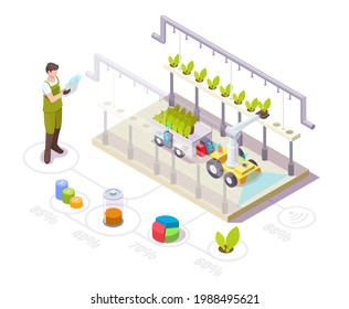 Robot working in greenhouse, flat vector isometric illustration. Automated glasshouse with robotic arm. Smart greenhouse horticulture robotics. Smart farming industry. svg