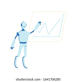 Robot Working in Office Writing on Board with Rising Chart. Futuristic Technology, Smart Device Automatization Artificial Intelligence in Human Life Concept. Cartoon Flat Vector Illustration, Line Art