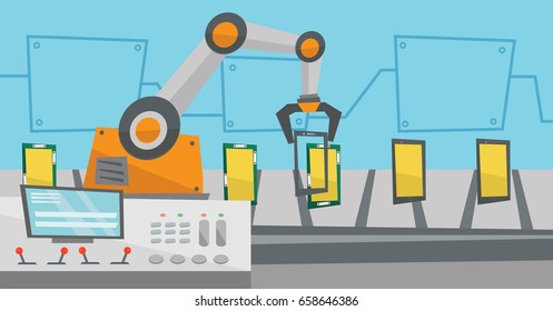 Robot trabajando en una línea robótica automatizada para teléfono móvil. Robot montando teléfono móvil en la correa transportadora. Línea de producción robótica de teléfonos celulares. Ilustración de diseño plana vectorial. Diseño horizontal