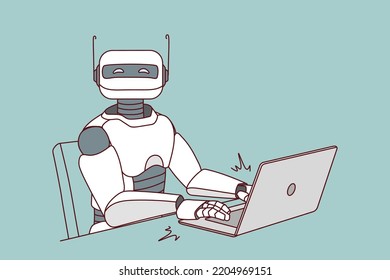 Robot working on computer in office. Modern humanoid typing on laptop. Artificial intelligence concept. Robotic assistant at workplace. Vector illustration. 