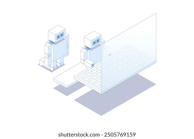 A robot working on a laptop, with another robot kneeling behind it. Isometric illustration. Editable stroke isometric vector.