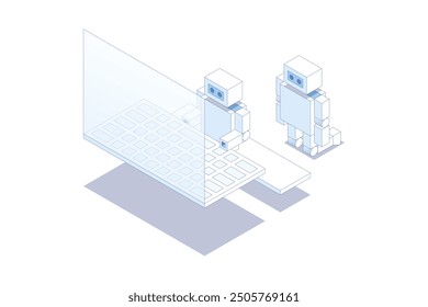 A robot working on a laptop, with another robot kneeling behind it. Isometric illustration. Editable stroke isometric vector.