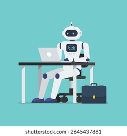 Robot is working on a laptop computer at office desk. Vector illustration