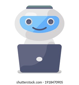 
Robot working on laptop, software agent flat icon 