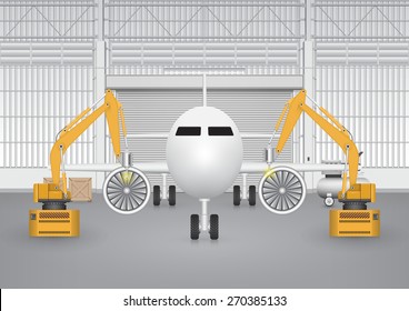 Robot Working With Plane In Factory.