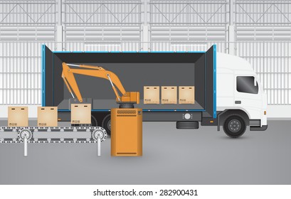 Robot working with product and production line inside factory building, Robot moving product in to cargo box, Manufacturing production process to produce goods for sale, Vector illustration design.