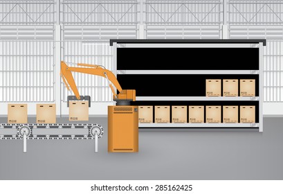 Robot working with product and production line inside factory building, Robot moving product in to shelf, Manufacturing production process to produce goods for sale, Vector illustration design.