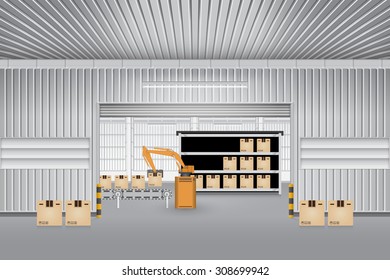 Robot working with product and production line inside factory building, Robot moving product in to shelf, Manufacturing production process to produce goods for sale, Vector illustration design.
