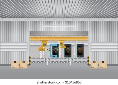 Robot working with production line, Manufacturing production process to produce mobile phone, Industrial robot are automate used for manufacturing include welding, painting, assembly, Vector design.