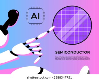 Robot working in the semiconductor industry. Development of chips for AI. Artificial intelligence on semiconductor elements. Flat vector illustration in cartoon style. svg