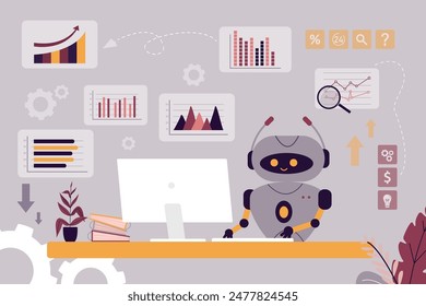 Robot working at workplace. Trading robot trades on stock market, bot analyst studying charts and graphs. Financial smart chatbot and various diagrams. Innovation, cyborg replace people. flat vector