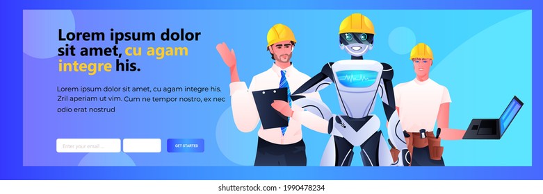 robot and workmen engineers in hardhats standing together construction workers discussing during meeting
