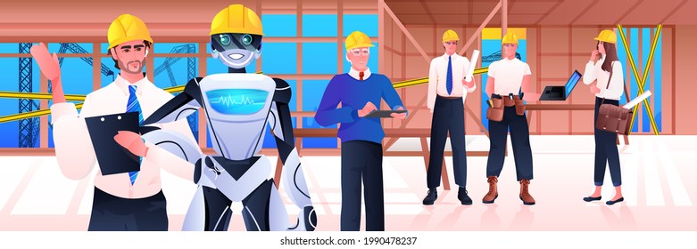 ingenieros robots y trabajadores en sombreros rígidos en el sitio de construcción concepto de tecnología de inteligencia artificial