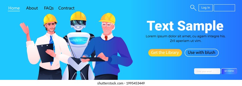ingenieros de robots y trabajadores en sombreros rígidos juntos trabajadores de la construcción discutiendo durante la reunión