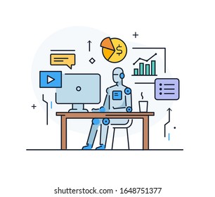 Robot en la interfaz de trabajo del monitor. Flujo de trabajo, crecimiento, gráficos. Desarrollo empresarial, hitos, puesta en marcha. ilustración lineal Infografías de iconos. Afiche de impresión del sitio de destino. Vector Eps