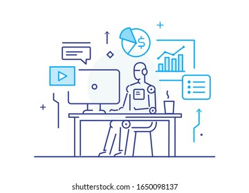 Robot at workplace interface of monitor. Workflow, growth, graphics. Business development, milestones, start-up. linear illustration Icons infographics. Landing page site print poster. Eps vector