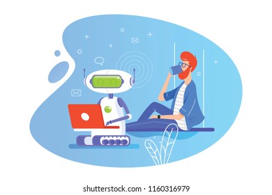 Robot works at laptop. Man drinking coffee