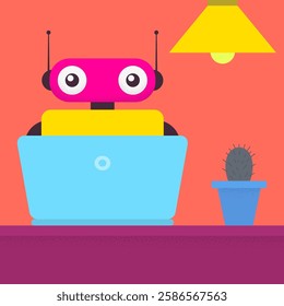 Robot works at laptop. Vector illustration. Simple geometric shapes