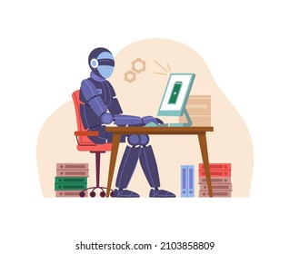 Robot works tirelessly at computer isolated flat cartoon character. Vector automated superiority machine working a lot faster than businessman person, cyborg efficient work without tiredness