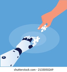 Robot works together with human solving problem isometric 3d vector concept for banner, website, illustration, landing page, flyer, etc.