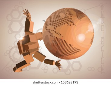 A ROBOT WITH A WORLD MAP on brown background