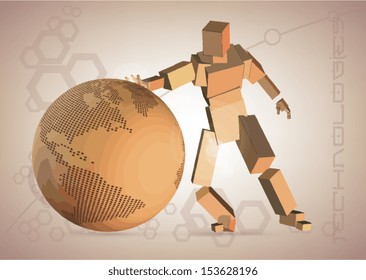 A ROBOT WITH A WORLD MAP on brown background