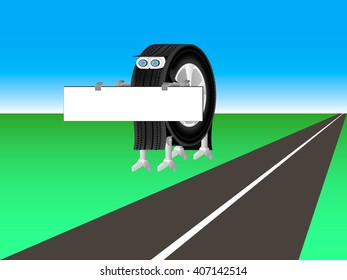 robot is worth next to the road and holding a poster