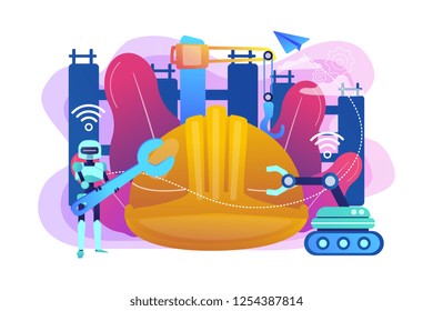 Robot with wrench and robotic arm at construction site. Robotics construction, digital construction platform, additive manufacturing concept. Bright vibrant violet vector isolated illustration