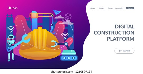 Robot with wrench and robotic arm at construction site. Robotics construction, digital construction platform, additive manufacturing concept. Website vibrant violet landing web page template.