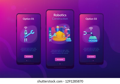 Robot with wrench and robotic arm at construction site. Robotics construction, digital construction platform, additive manufacturing concept. Mobile UI UX GUI template, app interface wireframe