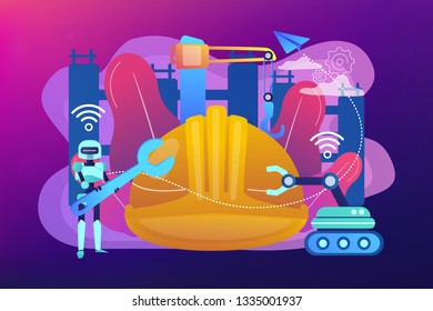 Robot with wrench and robotic arm at construction site. Robotics construction, digital construction platform, additive manufacturing concept. Bright vibrant violet vector isolated illustration