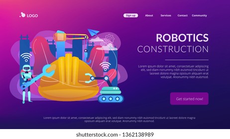 Robot with wrench and robotic arm at construction site. Robotics construction, digital construction platform, additive manufacturing concept. Website vibrant violet landing web page template.
