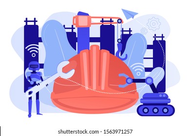 Robot with wrench and robotic arm at construction site. Robotics construction, digital construction platform, additive manufacturing concept. Pinkish coral bluevector isolated illustration