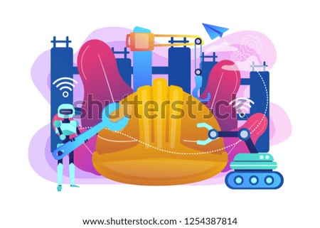 Robot with wrench and robotic arm at construction site. Robotics construction, digital construction platform, additive manufacturing concept. Bright vibrant violet vector isolated illustration