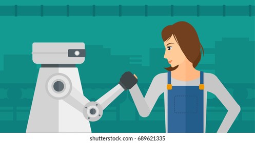 Robot wrestling with factory worker on the background of conveyor belt in workshop. Concept of competition between artificial intelligence and human. Vector flat design illustration. Horizontal layout