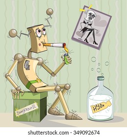 Robot-alcoholic with a bottle and a photograph on the wall, illustration, caricature